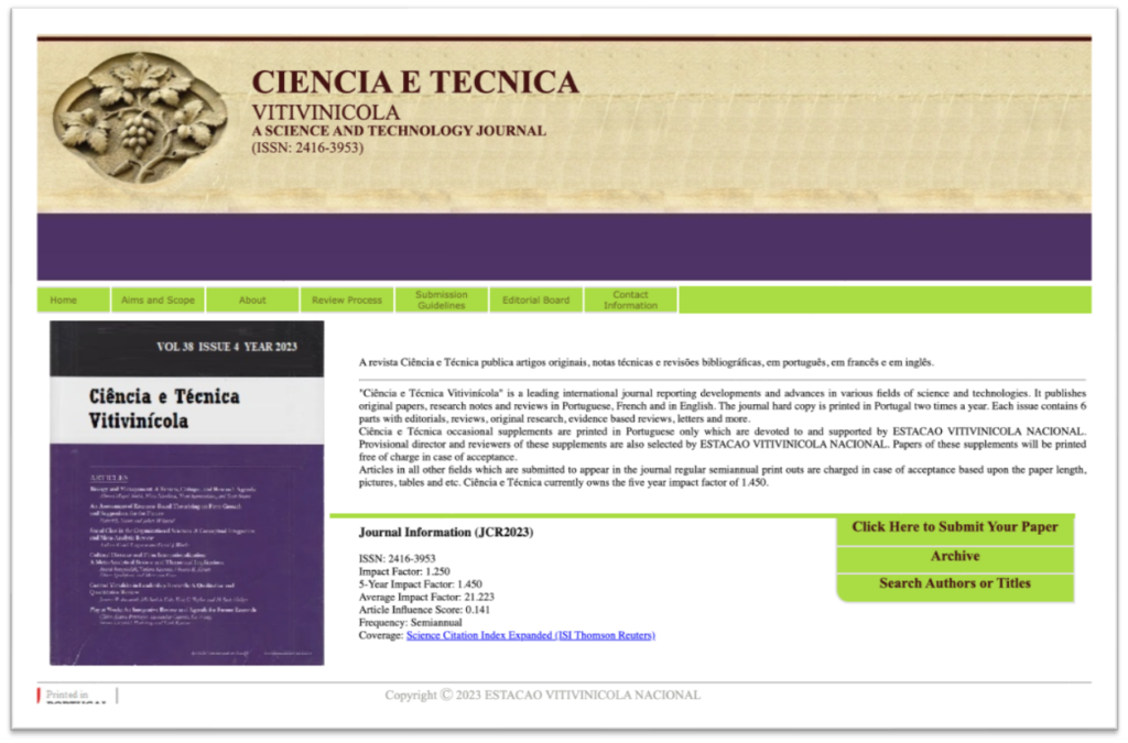 Screenshot of the website that is masquerading as the EDP journal "Ciencia e Tecnica Vitivinicola".