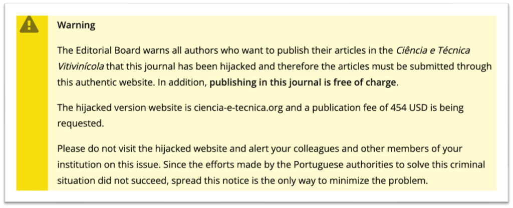 Warning message on the real "Ciencia e Tecnica" warning readers that the journal has been hijacked.