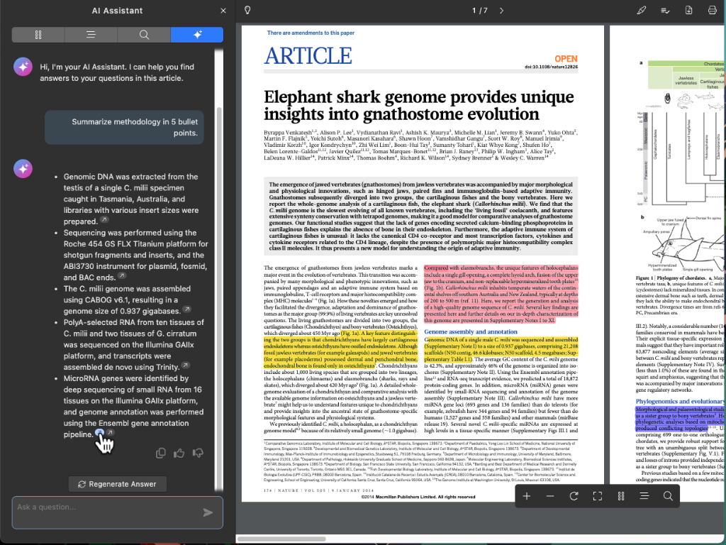 Papers reference management user interface with AI assistant.