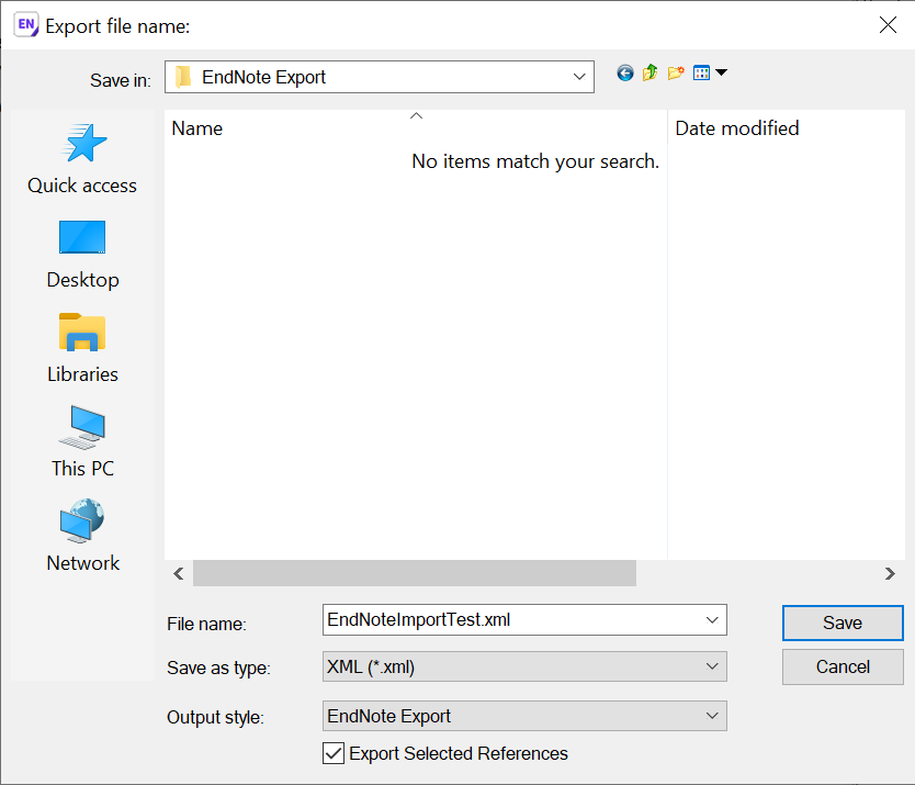 Additional instructions for exporting a subset of an EndNote library showing how to save the file.