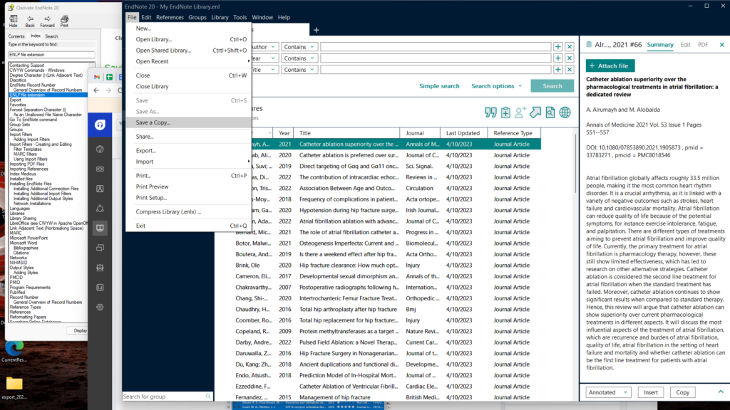 Screenshot showing how to export EndNote library.