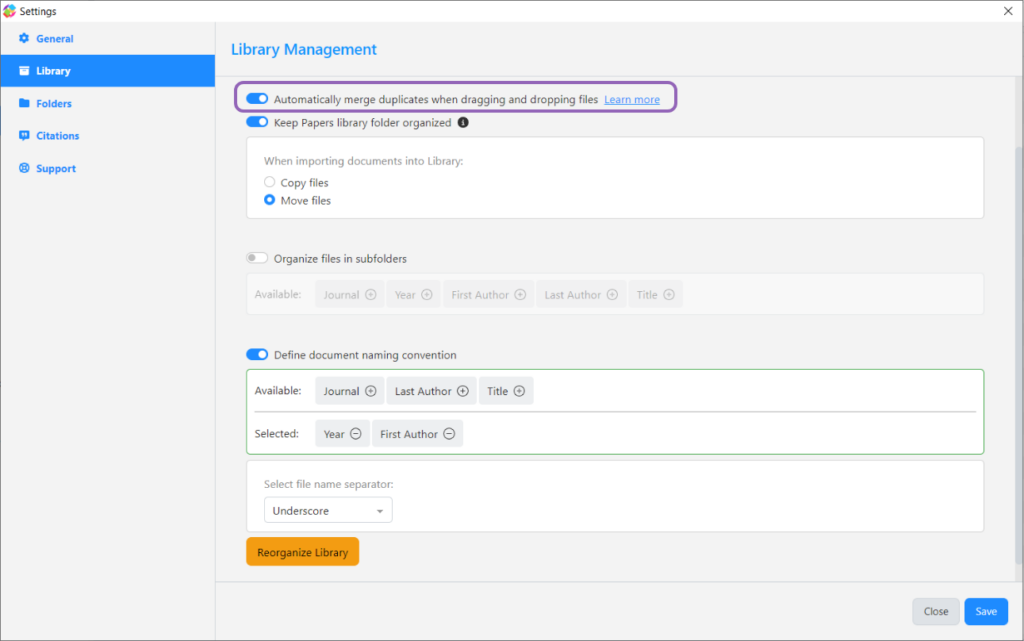 View of default behavior settings for duplicate merging during drag-and-drop in desktop application